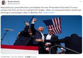 Evan Vucci @evanvucci ... Republican presidential candidate former President Donald Trump raises his fist as he is rushed off stage after an assassination attempt during a campaign rally in Butler, Pa. @apnews 11:38 PM ⚫ Jul 13, 2024 4.9M Views