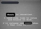 thesis is cancelled. I need some time to relax and bounce on d---. I'll release new research when I feel like it ....