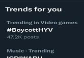 Trends for you Trending in Video games #BoycottHYV 47.2K posts Music ⚫ Trending ICDIWARLI