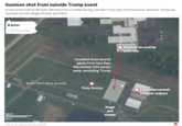 Gunman shot from outside Trump event A man armed with an AR-style rifle fired from a rooftop during a Donald Trump rally in Pennsylvania, Saturday. Trump was wounded and the alleged shooter was killed. Butler PENNSYLVANIA Assailant fired several shots from less than 150 meters (164 yards) away, wounding Trump Gunman on rooftop with rifle Butler Farm Show grounds Ruby Sunday Law enforcement Counter-snipers 200 ft 50 m Source: AP reports; Planet Labs PBC Stage and stands AP