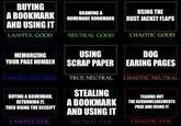 BUYING A BOOKMARK AND USING IT LAWFUL GOOD DRAWING A HOMEMADE BOOKMARK NEUTRAL GOOD USING THE DUST JACKET FLAPS CHAOTIC GOOD MEMORIZING YOUR PAGE NUMBER USING SCRAP PAPER LAWFUL NEUTRAL TRUE NEUTRAL DOG EARING PAGES CHAOTIC NEUTRAL BUYING A BOOKMARK, RETURNING IT, THEN USING THE RECEIPT LAWFUL EVIL STEALING A BOOKMARK AND USING IT NEUTRAL EVIL TEARING OUT THE ACKNOWLEDGEMENTS PAGE AND USING IT CHAOTIC EVIL