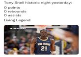 The Tony Snell game. Tony Snell historic night yesterday: O points O rebounds O assists Living Legend FB.COM/NBAMEMES botta NEW ORLEANS 21