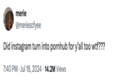 merie @meriesofyee Did instagram turn into pornhub for y'all too w--??? 7:40 PM Jul 18, 2024 14.2M Views