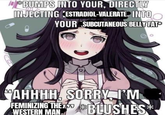 BUMPS INTO YOUR, DIRECTLY INJECTING KESTRADIOL-VALERATE INTO YOUR SUBCUTANEOUS BELLY FAT 36 AHHHH, SORRY I'M BLUSHES* FEMINIZING THE WESTERN MAN