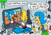 m HAPPY BIRTHDAY, SONIC! BRIANNE, STOP THAT! WE HAVE TO OPEN UP THE TV TO GIVE IT TO HIM! M n Q-d m m M