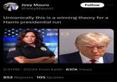 Joey Mauro @JoeyMauro1 Follow Unironically this is a winning theory for a Harris presidential run 2:51 PM - 7/2/24 From Earth 837K Views 852 Reposts 105 Quotes