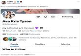 KEEM @KEEMSTAR Kris Tyson from MrBeast Deletes all Tweets! Ava Kris Tyson @kristyson_ 日 Following my opinions are my own She/Her = Joined November 2020 217 Following 467.3K Followers Followed by Casey Neistat, ZHC, MrBeast, and 16 others Posts Who to follow 12:39 PM - Jul 22, 2024 - 484K Views Replies Media