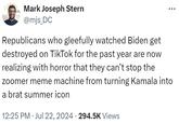 Mark Joseph Stern @mjs_DC Republicans who gleefully watched Biden get destroyed on TikTok for the past year are now realizing with horror that they can't stop the zoomer meme machine from turning Kamala into a brat summer icon • 12:25 PM Jul 22, 2024 294.5K Views