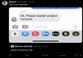 torey* @torrrreyy⚫ Jul 21 This is so important M O Mamá Ok. Please explain project coconut A A ¡Message bald ann dowd project coconut is a go @ali_sivi ⚫ Jul 21 277 Cash 1.1K ili 29K 0