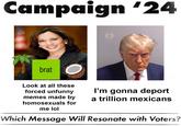 Campaign '24 brat Look at all these forced unfunny memes made by homosexuals for me lol I'm gonna deport a trillion mexicans Which Message Will Resonate with Voters?