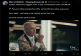 Warren Redlich - Chasing Dreams @WR4NYGov. Jul 23 Jordan Peterson's biggest miss in the conversation with Elon Musk JP: Assume other people have the same intrinsic value as you do Elon: Well... we have to be careful about that one JP never comes back to that 0:22 380 118 2.6K ili 2.1M DW 18:51
