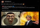 dafuqboom @dafuqboom_legit We will make sure it's gonna be peak 4 DiscussingFilm @DiscussingFilm 16h | • A ‘SKIBIDI TOILET' movie and TV franchise is in the works from Michael Bay. (Source: variety.com/2024/film/news...) 1:20 PM · Jul 24, 2024 .