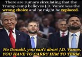 There are rumors circulating that the Trump camp believes J.D. Vance was the wrong choice and he might be replaced. No Donald, you can't abort J.D. Vance, YOU HAVE TO CARRY HIM TO TERM.