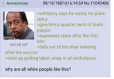 Anonymous 492 KB GIF after the second 08/10/18(Fri)16:14:59 No.11043406 >whiteboy says he wants his plate spicy >give him a quarter twist of black pepper >supresses tears after the first bite > falls out of his chair sobbing >ends up getting taken away in an ambulance why are all white people like this?