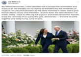 Joe Biden @JoeBiden My fellow Democrats, I have decided not to accept the nomination and to focus all my energies on my duties as President for the remainder of my term. My very first decision as the party nominee in 2020 was to pick Kamala Harris as my Vice President. And it's been the best decision I've made. Today I want to offer my full support and endorsement for Kamala to be the nominee of our party this year. Democrats - it's time to come together and beat Trump. Let's do this. ALT 2:13 PM⚫ Jul 21, 2024 117.7M Views