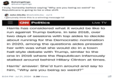 Batwingdings @batwingdings I truly, honestly believe saying "Why are you being so weird" to Republicans is going to be a vibe shift John DiLillo @JohnDiLillo Jul 5 I genuinely think this is a winning message lol CNN Politics Live TV Harris has considered what it would be like to run against Trump before. In late 2018, over two days of sessions with top aides to decide about running for the Democratic nomination in 2020, among the questions aides pressed her with was what she would do in a town hall-style debate with Trump, similar to the one in 2016 where the Republican infamously stalked around behind Hillary Clinton at times. Harris' answer: She'd turn around and say to him, "Why are you being so weird?" 8:04 PM Jul 21, 2024 2.3M Views