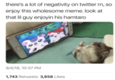 there's a lot of negativity on twitter rn, so enjoy this wholesome meme. look at that lil guy enjoyin his hamtaro 93 8/4/18, 10:37 PM 1,743 Retweets 3,858 Likes