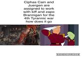 WARHAMMER COMMUNITY Ciphas Cain and Juergen are assigned to work with kiff and zapo Brannigan for the 4th Tyrannic war how does it go MATT GROENING PIC⚫COLLAGE