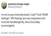 america's lounge singer @KrangTNelson no no no you misunderstood. I said "f--- YOUR feelings". MY feelings are very important and must be handled gently, like a tiny baby hummingbird 9:12 AM 6/1/18 From Earth • ...
