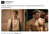 Stephen Nedoroscik Pommel Horse Guy BETMGM BetMGM @BetMGM Stephen Nedoroscik on the sideline vs. Stephen Nedoroscik on the pommel horse 2:10 PM ⚫ Jul 29, 2024 672.1K Views ...