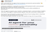 Filip Kozera @kozerafilip Can one build an Al agent that analyzes someone's personality? We did it! Checkout twitter.wordware.ai Using our platform, we built an entire LLM backend with a structured generattion feature (JSON mode) and quickly iterated with numerous prompts and LLMs available on Wordware. This Al agent scrapes your tweets, analyzes them, and provides insights into your strengths, weaknesses, goals, love life, and even roasts you. And we're launching this project on Product Hunt today (link in the first comment, pls pls pretty pls up vote) It's free and open source, so you can build on top of it if you'd like. • AI AGENT powered by WORDWARE Al agent for your twitter personality we built an Al agent that analyzes your tweets to reveal the unique traits that make you, you. Twitter Personality - Al Agent by Wordware From twitter.wordware.ai 3:23 AM Jul 29, 2024 109.1K Views