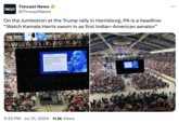 TIMCAST Timcast News @TimcastNews On the Jumbotron at the Trump rally in Harrisburg, PA is a headline: "Watch Kamala Harris sworn in as first Indian-American senator" EQ THE BEE Login Subscribe Watch Kamala Harris sworn in as first Indian-American senator BY MCCLATCHY JANUARY 3, 2017 AT 3:33 PM Sen Kamala Harris, D-Calf, was sworn in by Vice President Joe Biden today at a ceremonial swearing-in on Capitol Hill She became the first Indan-American in the United States Senate 5:33 PM Jul 31, 2024 11.1K Views ...