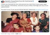 Donald J. Trump Posts From His Truth Social @TrumpDailyPosts Subscribe Thank you Kamala for the nice picture you sent from many years ago! Your warmth, friendship, and love of your Indian Heritage are very much appreciated. Donald Trump Truth Social 09:56 AM EST 08/01/24 @realDonaldTrump 10:01 AM • Aug 1, 2024 1.8M Views