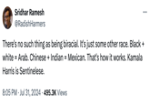 Sridhar Ramesh @RadishHarmers There's no such thing as being biracial. It's just some other race. Black + white Arab. Chinese + Indian = Mexican. That's how it works. Kamala = Harris is Sentinelese. 8:05 PM Jul 31, 2024 495.3K Views ...