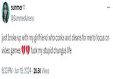summer @SummerAhrens just broke up with my girlfriend who cooks and cleans for me to focus on video games >> f--- my stupid chungus life 8:33 PM - Jun 19, 2024 28.6K Views