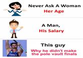 Never Ask A Woman Her Age A Man, His Salary FRANCE This guy Why he didn't make the pole vault finals