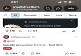ib 9:57 r/wallstreetbets 11,274 Buying FDs Join All Discussion Gain Loss Meme ✰ 570 570 Robinhood Gold Your APY is boosted to 5.5%! 178 Softspokenclark 11h 18 NSFW Suicide prevention hotline - Dial 998 Loss 3,354 в 294 D ... 562