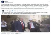 jake @jakebrodes This f------ rocks. He hates it. Trump never wants to die. Such a funny gift to give a guy who wants to live forever. Heres a big hunk of metal w a picture of you on it where you almost got your melon turned to red goo. Now you can think about that moment more than you already do Ben Goggin @BenjaminGoggin · 23h Kick streamer Adin Ross just gifted Trump a Cybertruck wrapped in an image of Trump after he was injured in an assassination attempt. K KICK.COM/ADINROSS 2:46 PM • Aug 5, 2024 1.2M Views MAKE AME GREAT AG