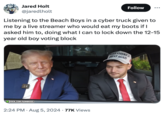 Jared Holt @jaredlholt Follow Listening to the Beach Boys in a cyber truck given to me by a live streamer who would eat my boots if I asked him to, doing what I can to lock down the 12-15 year old boy voting block H K KICK.COM/ADINROSS 2:24 PM. Aug 5, 2024 77K Views MAKE AMERICA REAT AGAIN