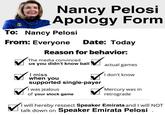 Nancy Pelosi Apology Form To: Nancy Pelosi From: Everyone Date: Today Reason for behavior: The media convinced us you didn't know ball actual games I don't know ☑ I miss when you supported single-payer I was jealous of your stock game Mercury was in retrograde I will hereby respect Speaker Emirata and I will NOT talk down on Speaker Emirata Pelosi