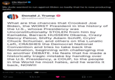 Elie Mystal @ElieNYC My dude wanted to run against Biden so badly that he is now producing fanfic Donald J. Trump ✪ @realDonaldTrump What are the chances that Crooked Joe Biden, the WORST President in the history of the U.S., whose Presidency was Unconstitutionally STOLEN from him by Kamabla, Barrack HUSSEIN Obama, Crazy Nancy Pelosi, Shifty Adam Schiff, Cryin' Chuck Schumer, and others on the Lunatic Left, CRASHES the Democrat National Convention and tries to take back the Nomination, beginning with challenging me to another DEBATE. He feels that he made a historically tragic mistake by handing over the U.S. Presidency, a COUP, to the people in the World he most hates, and he wants it back, NOW!!! 4:46 PM - Aug 6, 2024 2M Views 965 6.2K 73K 2.6K <]