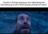 Tourists in Chicago enjoying a nice sightseeing boat ride looking up to see a flood of poop coming from above