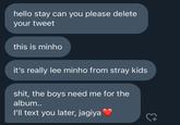 hello stay can you please delete your tweet this is minho it's really lee minho from stray kids s---, the boys need me for the album.. I'll text you later, jagiya