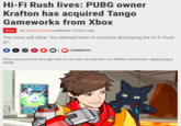 Hi-Fi Rush lives: PUBG owner Krafton has acquired Tango Gameworks from Xbox News By Shaun Prescott published 10 hours ago The move will allow "the talented team to continue developing the Hi-Fi Rush IP". fx P COMMENTS When you purchase through links on our site, we may earn an affiliate commission. Here's how it works.