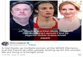 Imane Khelif lawsuit tweet EXCLUSIVE J.K. Rowling and Elon Musk Named in Cyberbullying Lawsuit Filed by Algerian Boxer Imane Khelif VARIETY Vince Langman ✔ @LangmanVince. Follow A man beats up multiple women at the WOKE Olympics, and the French go after people sticking up for the women We are living in a twilight zone 7:33 PM - Aug 13, 2024