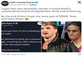 Logan Paul was reportedly named in Imane Khelif's cyberbullying lawsuit alongside Elon Musk and JK Rowling.   By the end of this I hope she owns part of PRIME, Tesla, and Harry Potter 😂 PUBLIC Public Enemies Podcast @TheEnemiesPE3 · Follow X Logan Paul was reportedly named in Imane Khelif's cyberbullying lawsuit alongside Elon Musk and JK Rowling. By the end of this I hope she owns part of PRIME, Tesla, and Harry Potter gan Paul LoganPaul F e purest form of evil unfolding ri our eyes as allowed to beat up a woman age, crushing her life's dream wh or her deceased father sion must end 7:05 AM - Aug 14, 2024