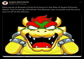 Supper Mario Broth @MarioBrothBlog Early sprite of Bowser's final form found in the files of Super Princess Peach. Due to being unfinished, this Bowser has no pupils and his arms are cut off at the elbows. Source: spriters-resource.com user "yamalpaca", spriters-resource.com/ds_dsi/superprincesspeach/sheet/209078/