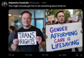 Alejandra Caraballo @Esqueer_ • 49m This might actually get him to do something about Grok lol. YOU VOTH TRANS RIGHTS FFICE CUP GENDER AFFORMING CARE IS LIFESAVING 84 t 1.5K 17K ılı 192K 口企