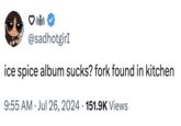 @sadhotgirI ice spice album sucks? fork found in kitchen • 9:55 AM Jul 26, 2024 151.9K Views •