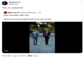 Ted Cruz @tedcruz This...is...awesome! Mike Lee @BasedMikeLee ⚫ 17h Best campaign video ever. @elonmusk and @realDonaldTrump have moves! 0:31 10:33 AM Aug 14, 2024 418K Views ...