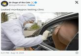 Sir Doge of the Coin @dogeofficialceo. Follow Leaked monkeypox testing clinic X E 6:27 PM - Aug 14, 2024
