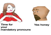 Time for your mandatory pronouns Yes honey