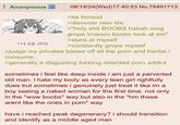 Anonymous 114 KB JPG 08/14/24(Wed)17:40:53 No.78491713 >be femoid >discover own t--- >"h-------- BOOBS hahah omg grope Imaooo boobs look at em" >stare at myself >constantly grope myself >judge my privates based off all the p--- and hentai i consume >generally a disgusting f------ retarded p--- addict sometimes i feel like deep inside i am just a perverted old man. i hate my body as every teen girl rightfully does but sometimes i genuinely just treat it like im a boy seeing a naked woman for the first time. not only in the "wow boobs" way but also in the "hm these arent like the ones in p---" way have i reached peak degeneracy? i should transition and identify as a middle aged man