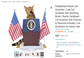 Pet Supplies > Cats > Beds & Furniture > Scratching Posts Roll over image to zoom in 2 VIDEOS Presidential Podium Cat Scratcher | Cute Cat Scratcher with Grooming Brush | Sturdy Cardboard Cat Scratcher with Groomer & Silvervine Included | Cat Scratchers for Indoor Cats Visit the LA LA CAT Store 3.9 $6998 ($69.98/Count) FREE Returns 68 ratings Get $10 off instantly: Pay $59.98 $69.98 upon approval for the Amazon Store Card. No annual fee. Target Species Product Dimensions Cat 23.6"L x 12.4"W x 18.7"H