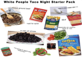 White People Taco Night Starter Pack always ground beef meat to sour cream ratio 1:1 ORIGINAL Taco McCormick KIRKLAND MEXICAN STYLE BLEND CHEESE CHUNKY SALSA TOSTATOS +salt for spice a can of olives @fair.west.apparel "I'm going to regret this tomorrow." Kraft Natural Cheese Mexican or depends on costco card or not NET WT 1.53 R ORTEGA Fiesta Flats FLAT BOTTOM TACO SHELLS 12 TACO CARTE NEWT 5002160)