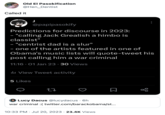 Old El Pasokification @Hen_Dentist Called it J @papipasokify Predictions for discourse in 2023: - "calling Jack Grealish a himbo is classist" - "centrist dad is a slur" - one of the artists featured in one of Obama's music lists will quote-tweet his post calling him a war criminal 11:16 01 Jan 23 - 30 Views lil View Tweet activity 5 Likes 27 Lucy Dacus @lucydacus • 6h war criminal ( twitter.com/barackobama/st... 10:33 PM Jul 20, 2023 23.4K Views